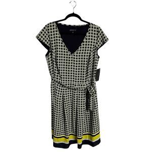 Women's Jones NY V-Neck Tie Waist Midi Dress Blue Yellow Geometric Size 16W NWT